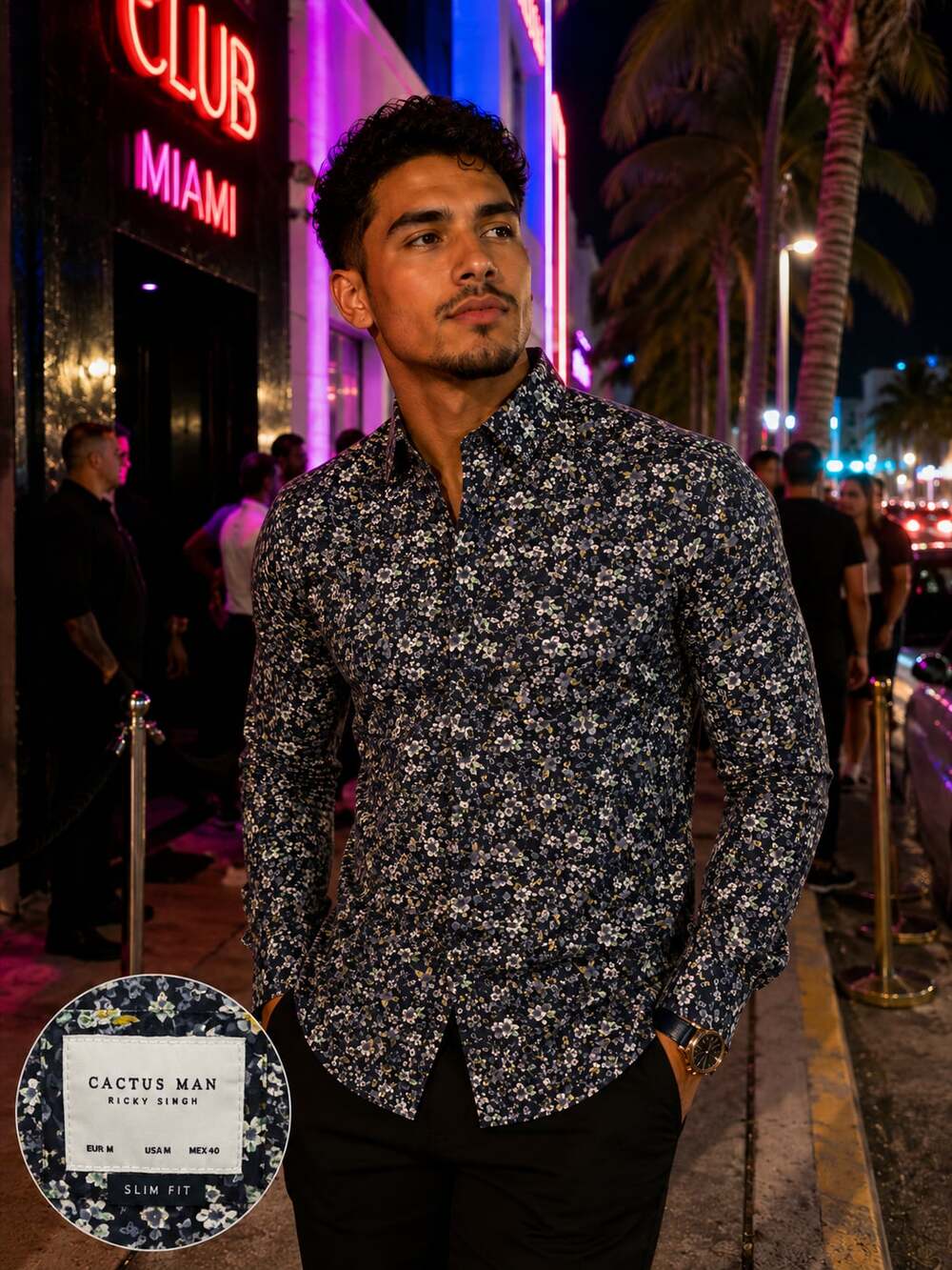 Cactus Man Ricky Singh Mens Button Up Long Sleeve Black Floral Shirt Size Large